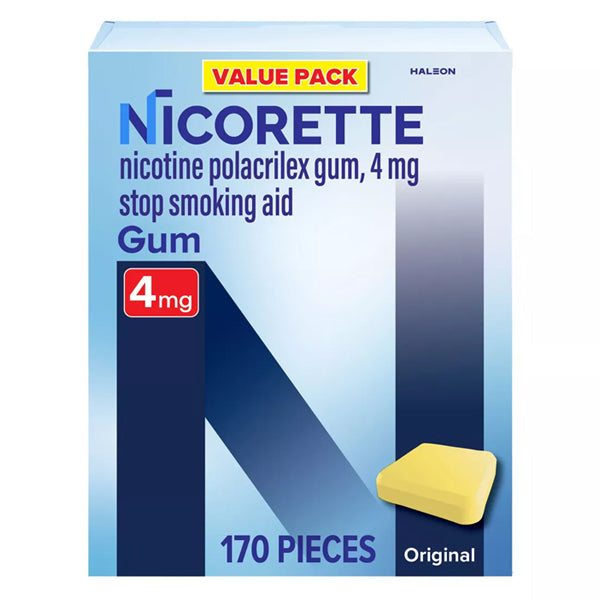 Nicorette 4 mg Nicotine Gum, Original Flavor, 170 count, is a stop smoking aid designed to support your quit journey.